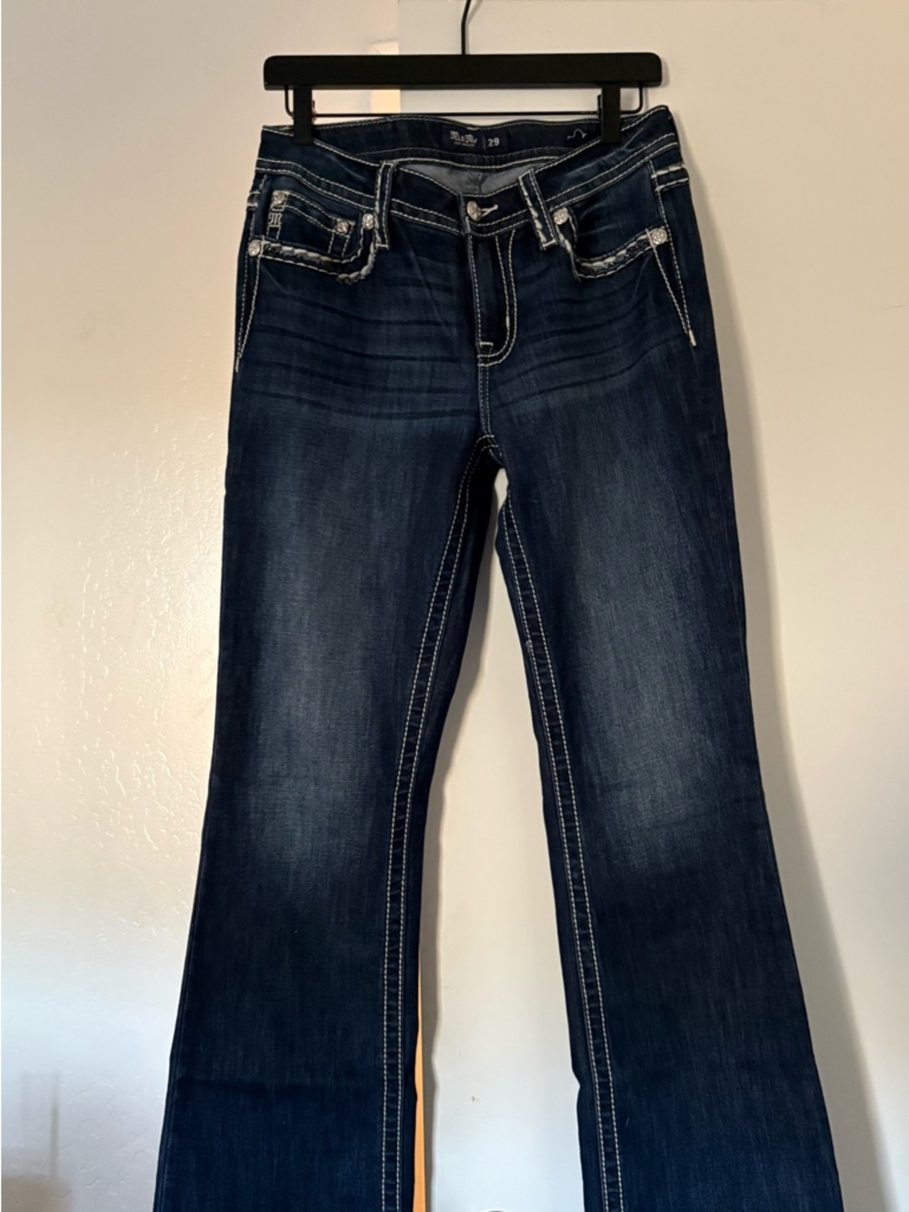 Miss Me low rise Dark Blue Flare Jeans with Contrast Stitching